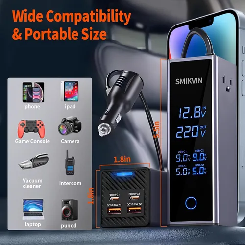 Miniatura 6 de Inversor de corriente para automóvil de 300 W, convertidor de 12 V a 110 V CA con 2 salidas de CA y 4 puertos USB (2 PD 36 W + 2 QC3.0 30 W)