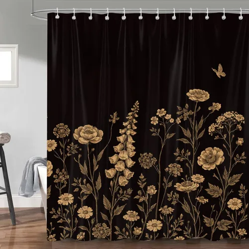 Miniatura 2 de Cortina de ducha bohemia con estampado floral negro y dorado, juego de cortinas de baño de tela impermeable con ganchos, 72 x 72 pulgadas