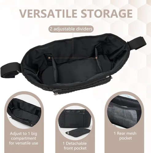 Miniatura 4 de Organizador de cochecito - Elegante nailon acolchado, ajuste universal, bolsa desmontable, almacenamiento múltiple ajustable para cochecito de bebé