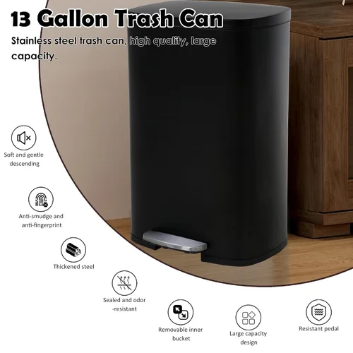Miniatura 3 de Basurero de acero inoxidable de 13 galones, cubo de basura con tapa con pedal, cubo interior extraíble, resistente a las huellas dactilares