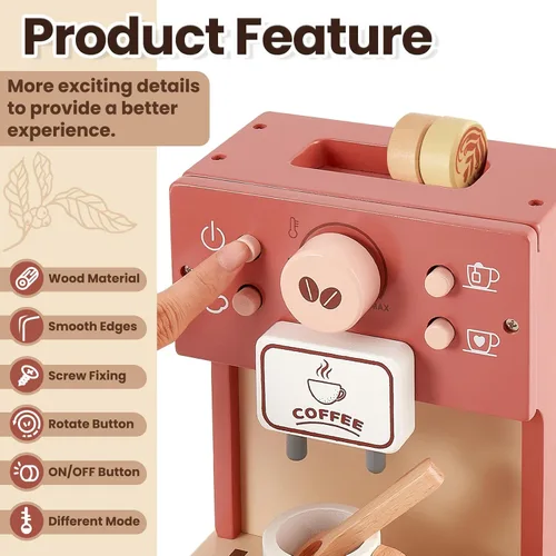 Miniatura 3 de BUYGER Cafetera de juguete para niños, juego de café de madera, juego de juegos de simulación, accesorios de cocina, regalos para niños de 3, 4 y 5