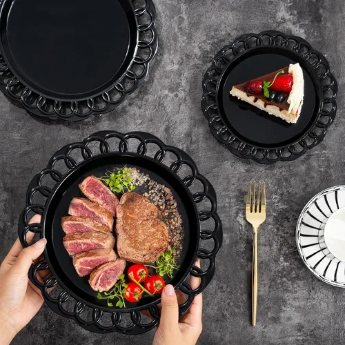 Miniatura 4 de COLOSUS Juego de 60 platos de plástico negro, platos barrocos elegantes, elegantes platos desechables con borde de encaje, platos de plástico