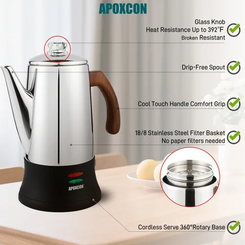 Miniatura 6 de APOXCON Cafetera eléctrica de acero inoxidable con dos perillas de vidrio resistentes al calor y mango de madera tratada con función de mantener