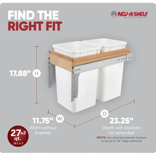 Miniatura 3 de Rev-A-Shelf Botes de basura de cocina de 27 cuartos de galón de montaje superior con toboganes de extensión completa clasificados de 150 libras