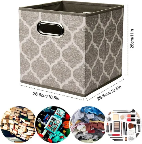 Miniatura 5 de Cubos de Almacenamiento Decorativos 10.5 x 10.5 x 11 Pulgadas Canastas Cúbicas Marrones Patrón de Celosía Cubos de Almacenamiento de Tela Crema Gris