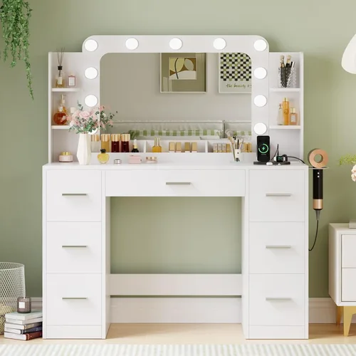 Miniatura 3 de JUMMICO Escritorio de tocador de maquillaje con espejo grande y luces, tocador con regleta de enchufes y soporte para secador de pelo, 6 estantes