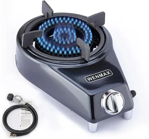 Estufa de propano de un solo quemador, estufa de gas portátil con manguera adaptadora de propano, alto valor calorífico de 15000 BTU, protección de