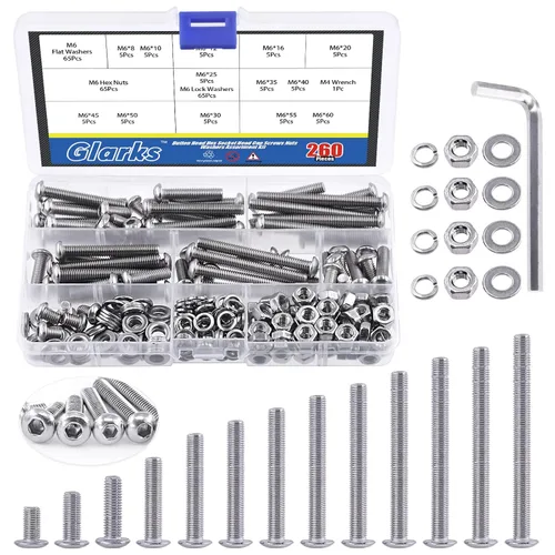 Miniatura 10 de Glarks 1021 tornillos de cabeza de botón M2 304 de acero inoxidable hexagonal, tornillos y tuercas arandelas kit surtido con llave hexagonal