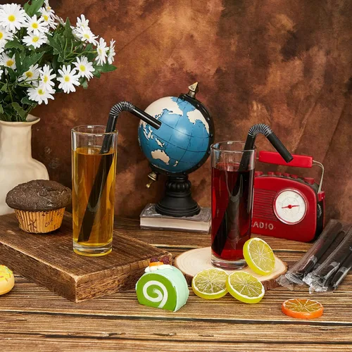 Miniatura 2 de Tessco for you 300 pajitas grandes de plástico a rayas de té de burbujas de 9.06 pulgadas, envueltas individualmente para beber jugo de batido Negro