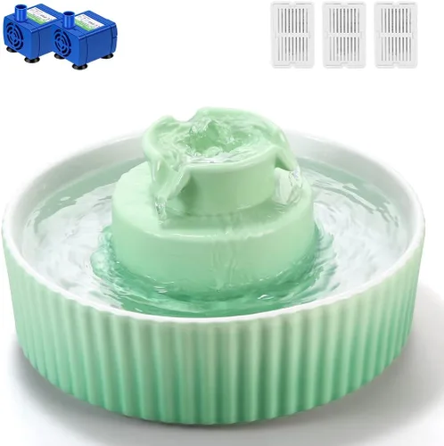 Fuente de agua de cerámica para gatos, 2.1L/71oz fuente para gatos con diseño de cupcake para perros y gatos de interior, 2 bombas ultra silenciosas