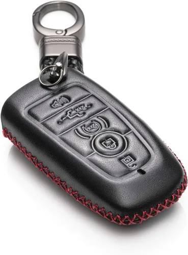Vitodeco Funda protectora de cuero para llavero inteligente compatible con Ford (modelos 2018 - 2026), 5 botones, negro/rojo
