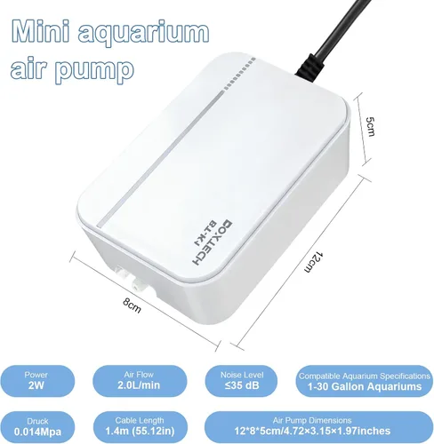 Miniatura 7 de Boxtech Bomba de aire para acuario ultra silenciosa, ahorro de energía de 2 W, bomba de oxígeno de bajo ruido para tanques de agua dulce y salada