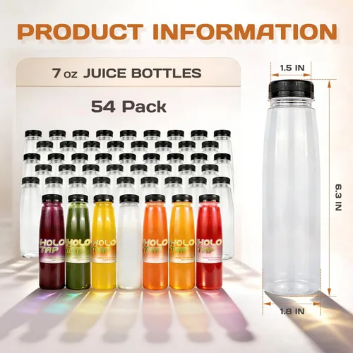 Miniatura 2 de Holotap Paquete de 54 botellas de plástico de 7 onzas con tapas, botellas vacías de plástico desechables para jugos de PET a granel para líquidos