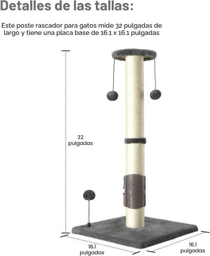 Miniatura 4 de PEEKAB Poste rascador para gatos de 32 pulgadas de alto, postes rascadores de sisal con bola colgante y cepillo de automasaje, rascador vertical