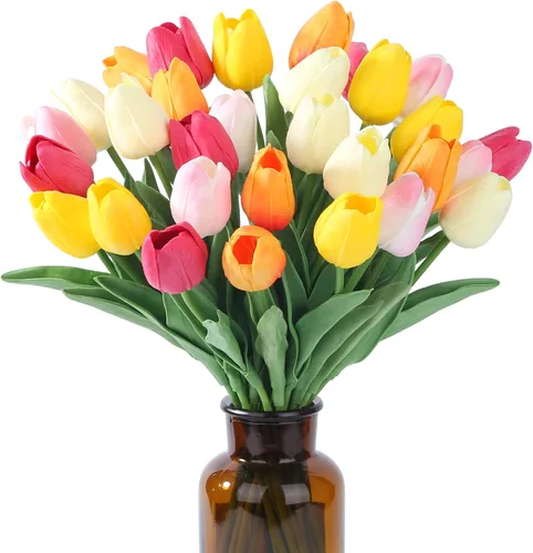 Miniatura 37 de SITUMEIZI 15 piezas de flores blancas artificiales, tulipanes artificiales de poliuretano de 14 pulgadas a granel para el hogar, cocina, Pascua