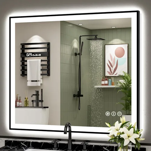 Miniatura 62 de 30x36 Espejo de baño LED con luces, retroiluminado y luz frontal, espejo de tocador iluminado antivaho para pared de baño, 3 colores, regulable