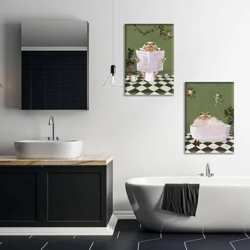 Miniatura 2 de 2 piezas de arte de pared de rana de baño, creatividad, estética, maximalista, verde, pósteres de imágenes de rana en la bañera, pintura en lienzo