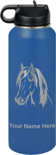 Miniatura 24 de LaserGram Botella de agua personalizada, cabeza de caballo 1, acero inoxidable de doble pared aislada al vacío con popote superior, regalo grabado