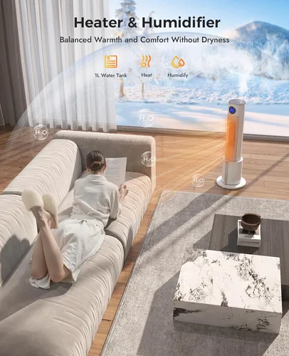 Miniatura 3 de Calentador de espacio con humidificador, calentadores de torre portátiles para uso en interiores, control remoto, termostato ajustable, 3 modos