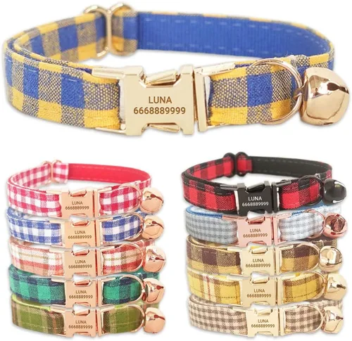 Miniatura 17 de PETDURO Collares de gato a cuadros hechos a mano personalizados con campana y hebilla de metal grabada con nombre personalizado para gatos lindos