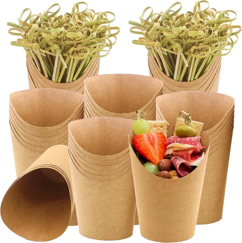 Miniatura 8 de BLUE TOP 30 tazas de papel blanco de 14 onzas con 100 púas de nudo de bambú de 4.7 pulgadas para aperitivos y frutas Púas de brocheta de nudo