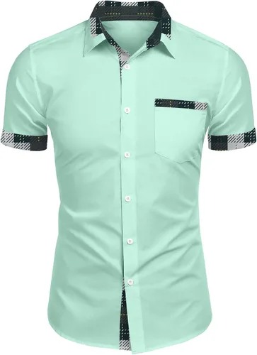Miniatura 6 de RTRDE Men's Button Down Shirts Short Sleeve Plaid Print Summer Beach Wedding Vacation Dress Shirts, M-4XL