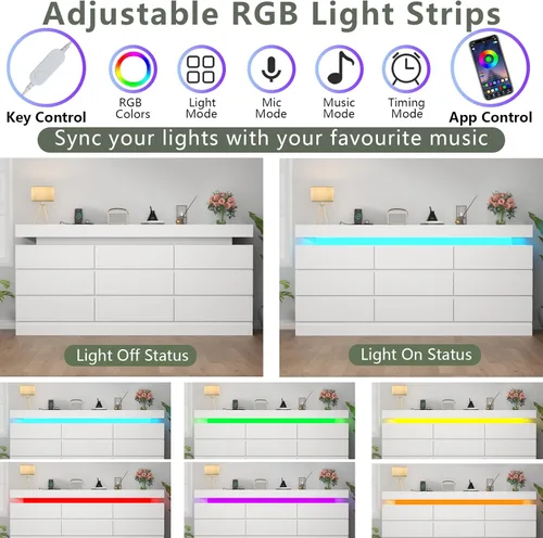 Miniatura 4 de Gyfimoie Cómoda de 9 cajones con toma de corriente, cómoda con luz LED, cómoda moderna para armario, gabinete organizador de cajones doble ancho