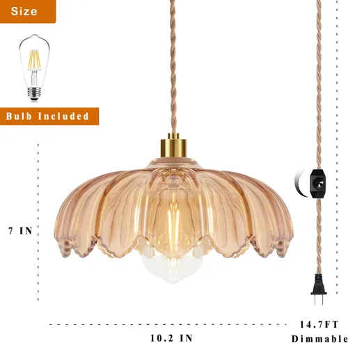 Miniatura 5 de QIYIZM Lámpara Colgante con Enchufe Luces Colgantes con Cable de Enchufe Lámpara Colgante de Vidrio Vintage Dorada Regulable Lámpara de Techo Floral