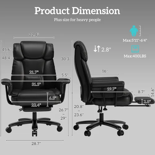 Miniatura 2 de GYI Silla de oficina reclinable 160 con reposapiés, silla de escritorio grande y alta, color negro Asiento con patas cruzadas, respaldo alto, piel