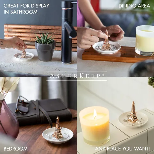 Miniatura 5 de AsherKeep Soporte para joyas, bandeja de cerámica, soporte para anillo de compromiso, soporte para placa con detalle de oro rosa para anillos