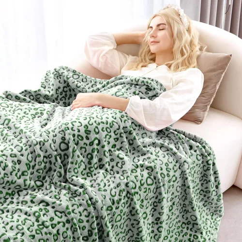 Miniatura 5 de MIBOI - Manta de forro polar con estampado de leopardo verde, manta de felpa suave y acogedora, manta verde para sofá, cama Verde leopardo