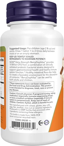 Miniatura 3 de NOW Foods Suplementos, BerryDophilus, desarrollado para adultos y niños con 10 cepas probióticas, extra fuerza, prueba de tensión, 50 masticables