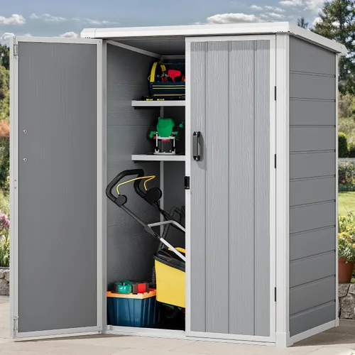 Miniatura 11 de DWVO Cobertizo de almacenamiento alto para exteriores de 50 pies cúbicos con 2 estantes, cobertizo vertical de herramientas de 4.3 x 2 x 5.5 pies