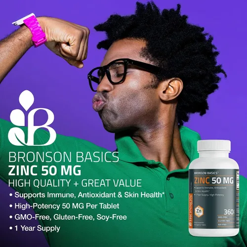 Miniatura 3 de Bronson Zinc de 50 mg de alta potencia apoya la salud inmunológica, antioxidante y de la piel, sin OMG, 360 tabletas vegetarianas