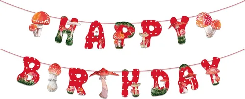 Cartel de feliz cumpleaños de hongos rojos, pancarta de hongos en acuarela, tema colorido de hongos para niños y niñas, niños, hogar, aula, baby
