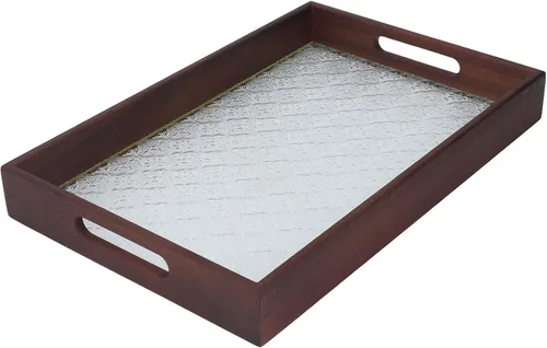 Miniatura 5 de Walnut Wood Serving Tray, Rectangle Vintage Glass Bottom with Handles, Elegant Kitchen Snack Plate - Multi Purpose, Durable Wood Siding, Ideal for