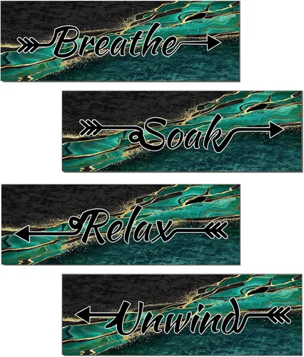 Miniatura 19 de Lnond 4 piezas de arte de pared de mármol negro y dorado para baño, decoración de letreros de relajación y respiración, arte de pared de baño