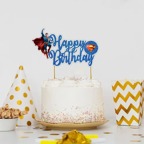 Miniatura 5 de Suprmn Decoración para Pastel de Cumpleaños – Decoración de Fiesta Temática para Niños – Decoración para Pastel con Purpurina de Calidad Premium