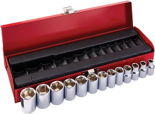 Miniatura 8 de Klein Tools 65504 Juego de llaves de vaso de 3/8 pulgadas, con enchufes de 12 puntos y 6 puntos, y bujías, 2 extensiones, trinquete, estuche, 12