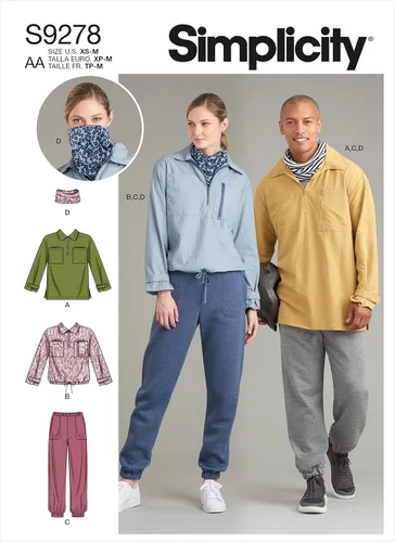Simplicity Paquete de tops con media cremallera para hombre y mujer, cuello y pantalones sin cierre, patrón de costura código 9278, tallas XS-M,