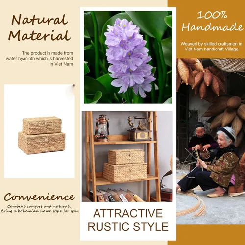 Miniatura 7 de LUSYDECO Juego de 2 contenedores rectangulares de mimbre con tapa, cestas decorativas de ratán, cajas de exhibición multiusos para organizador
