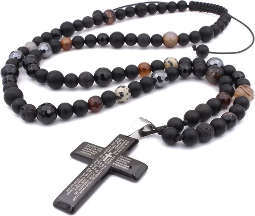Mens Cross Pendant Beads Necklace Gemstone Natural Stone Necklace Onyx Beaded Necklace Rosary Prayer Necklace Crux Crystals Mens Religious Jewelry