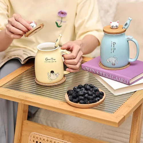 Miniatura 2 de Juego de 2 Tazas de Gato Lindas Juego de Tazas de Té de Gato Taza de Café de Cerámica con Tapa Kawaii y Cuchara Tazas Lindas para Mujeres Niñas