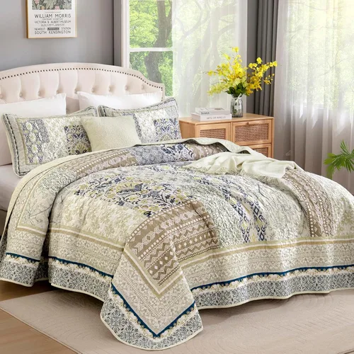 Miniatura 2 de WONGS BEDDING Juego de edredón bohemio tamaño matrimonial, juego de colcha de retazos beige de 3 piezas, juego de ropa de cama de microfibra suave