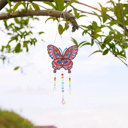 Miniatura 8 de Campanillas de viento de animales con pintura de diamantes 5D, kits de pintura de diamante de mariposa por números, colgante con cadena