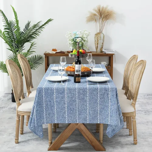 Miniatura 2 de Chassic Manteles de lino estilo casa de campo de 60 x 84 pulgadas, resistentes a las arrugas, lavables, manteles de mesa de comedor para mesas Azul