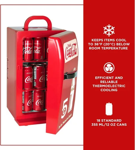 Miniatura 4 de Mini Refrigerador Coca Cola – Refrigerador de 18 Latas para Dormitorio, Oficina, Enfriador de Bebidas Portátil de Mesa, Refrigerador de 12V 110V
