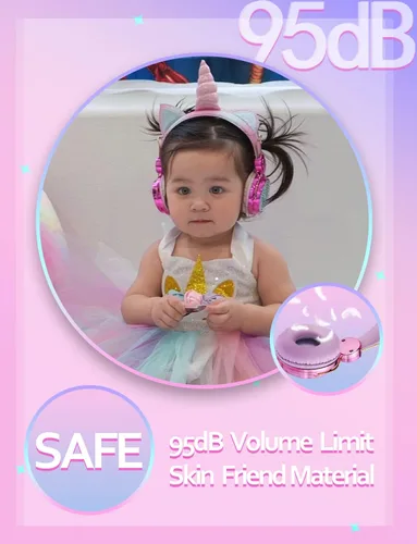 Miniatura 6 de Auriculares estilo unicornio para niños con micrófono, ideales para la escuela/viajes, limitador de volumen de 95 dB, Shareport, auriculares