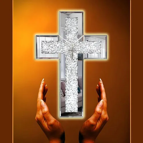 Miniatura 8 de GIMORRTO Decoración de pared con cruz espejada, cristal de diamante triturado, arte de pared religioso (pequeño)