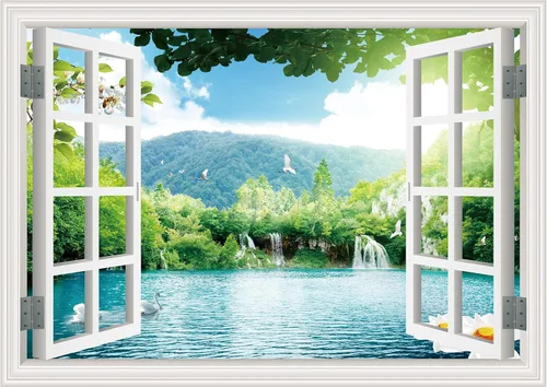 Miniatura 8 de FLFK Adhesivo de Pared de Ventana Falsa - Lagos en la Selva Mural de Pared de Ventana Falsa para Decoración de Pared, Calcomanías de Pared